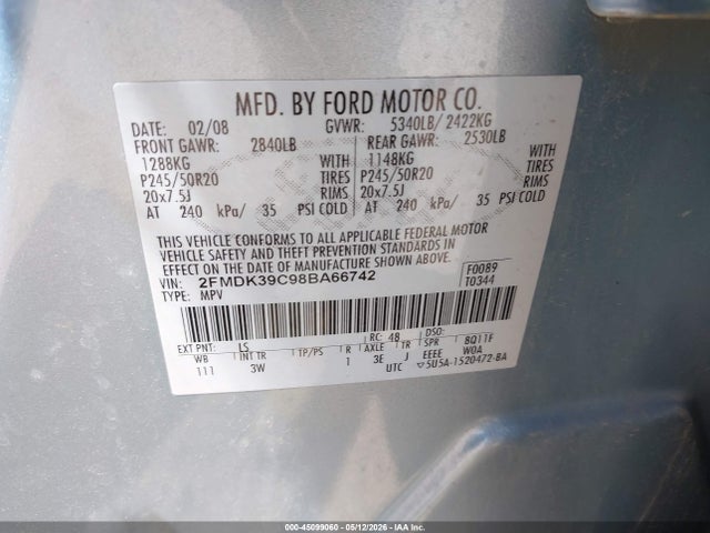 Aukcja sprzedaży 2008 Ford Edge Limited, vin: 2FMDK39C98BA66742, numer aukcji: 45099060