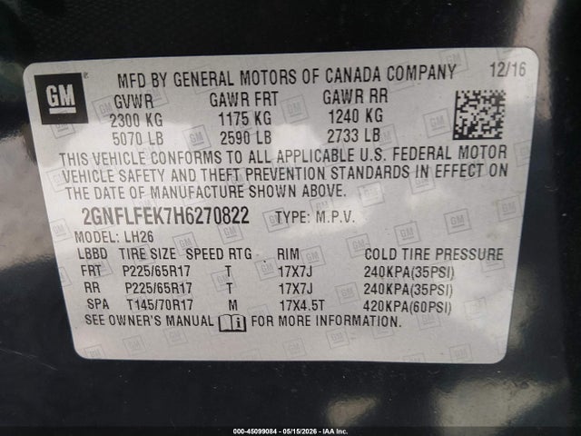 Aukcja sprzedaży 2017 Chevrolet Equinox Lt, vin: 2GNFLFEK7H6270822, numer aukcji: 45099084