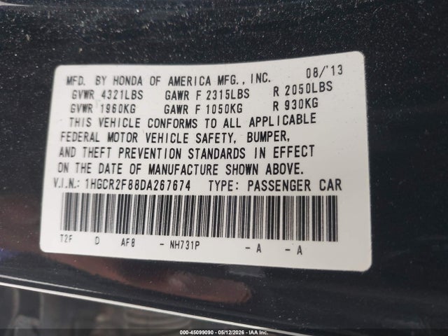 Aukcja sprzedaży 2013 Honda Accord Ex-l, vin: 1HGCR2F88DA267674, numer aukcji: 45099090