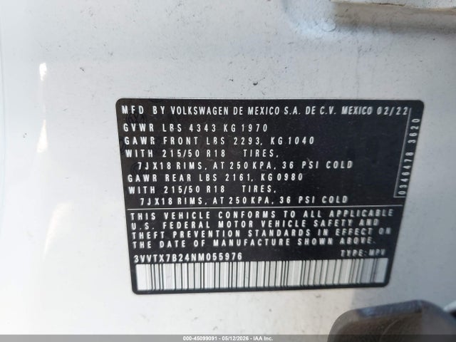 45099091 :رقم المزاد ، 3VVTX7B24NM055976 vin ، 2022 Volkswagen Taos 1.5t Se مزاد بيع