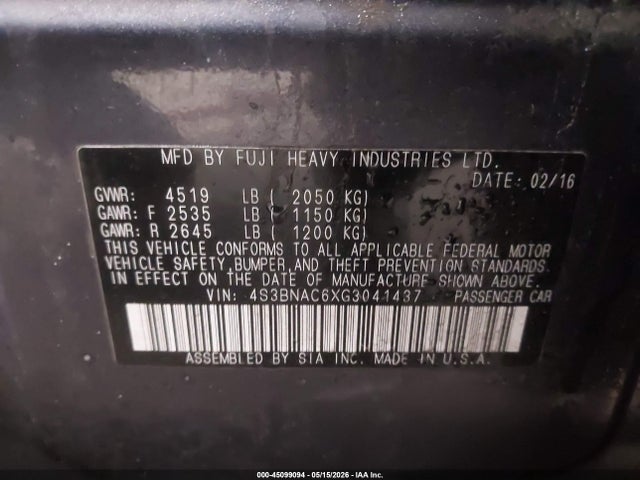 Продаж на аукціоні авто 2016 Subaru Legacy 2.5i Premium, vin: 4S3BNAC6XG3041437, номер лоту: 45099094