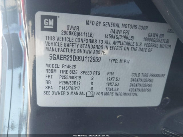 45099101 :رقم المزاد ، 5GAER23D99J113959 vin ، 2009 Buick Enclave Cxl مزاد بيع