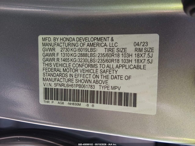 45099102 :رقم المزاد ، 5FNRL6H61PB061783 vin ، 2023 Honda Odyssey Ex-l مزاد بيع