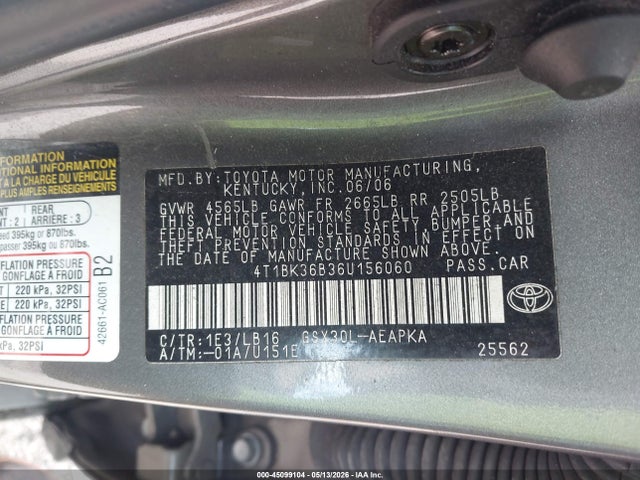 45099104 :رقم المزاد ، 4T1BK36B36U156060 vin ، 2006 Toyota Avalon Limited مزاد بيع