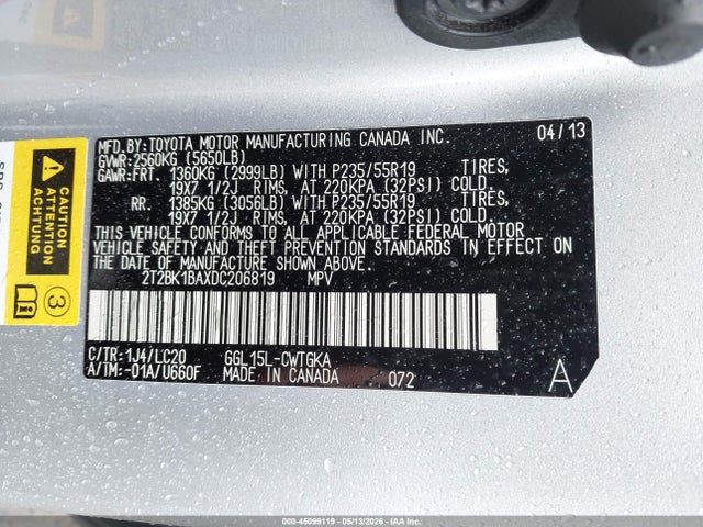 45099119 :رقم المزاد ، 2T2BK1BAXDC206819 vin ، 2013 Lexus Rx 350 مزاد بيع
