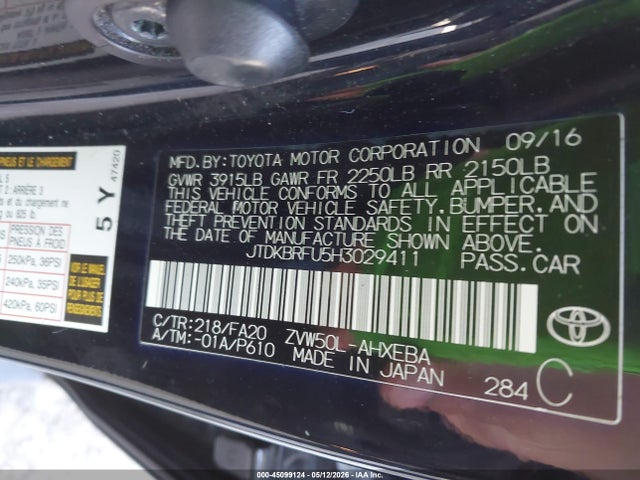 45099124 :رقم المزاد ، JTDKBRFU5H3029411 vin ، 2017 Toyota Prius Two مزاد بيع