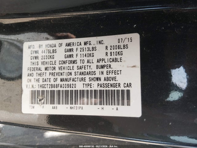 Aukcja sprzedaży 2015 Honda Accord Ex-l V-6, vin: 1HGCT2B88FA009620, numer aukcji: 45099130