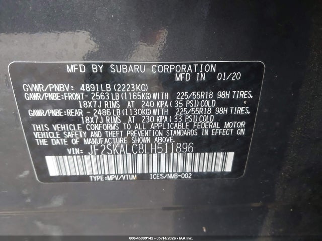 2020 Subaru Forester Sport მანქანა იყიდება აუქციონზე, vin: JF2SKALC8LH511896, აუქციონის ნომერი: 45099142