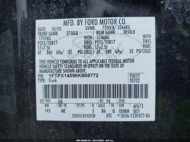 2006 Ford F-150 Fx4/lariat/xl/xlt მანქანა იყიდება აუქციონზე, vin: 1FTPX14596KB68772, აუქციონის ნომერი: 45099144