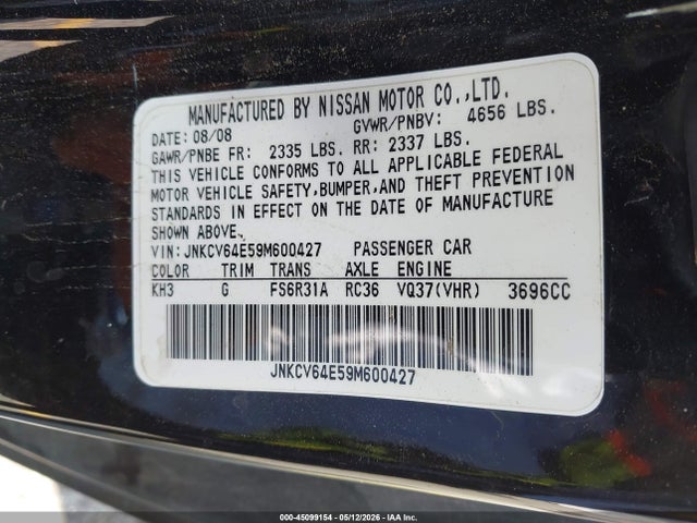 Aukcja sprzedaży 2009 Infiniti G37 Sport, vin: JNKCV64E59M600427, numer aukcji: 45099154