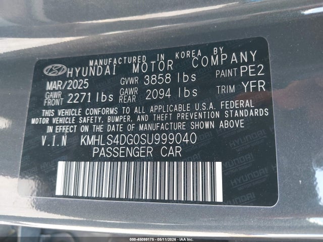 2025 Hyundai Elantra Sel Convenience მანქანა იყიდება აუქციონზე, vin: KMHLS4DG0SU999040, აუქციონის ნომერი: 45099175