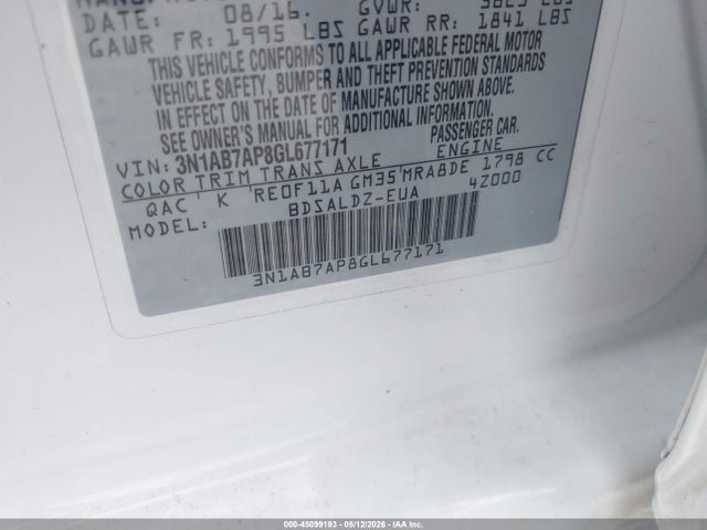 Продаж на аукціоні авто 2016 Nissan Sentra Sv, vin: 3N1AB7AP8GL677171, номер лоту: 45099193