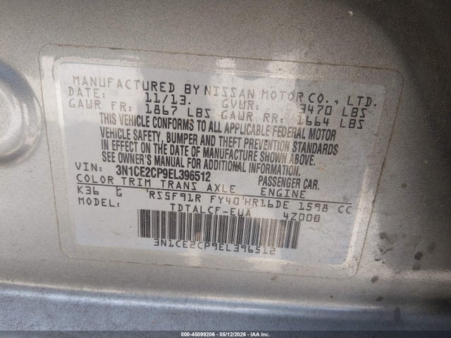Aukcja sprzedaży 2014 Nissan Versa Note S (sr), vin: 3N1CE2CP9EL396512, numer aukcji: 45099206