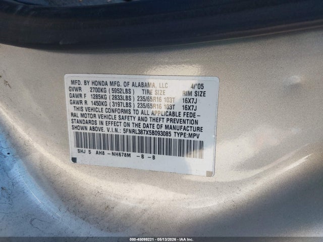 Aukcja sprzedaży 2005 Honda Odyssey Ex-l, vin: 5FNRL387X5B093085, numer aukcji: 45099221