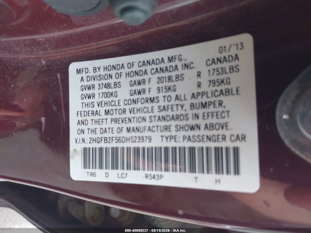 Продаж на аукціоні авто 2013 Honda Civic Lx, vin: 2HGFB2F56DH523979, номер лоту: 45099237