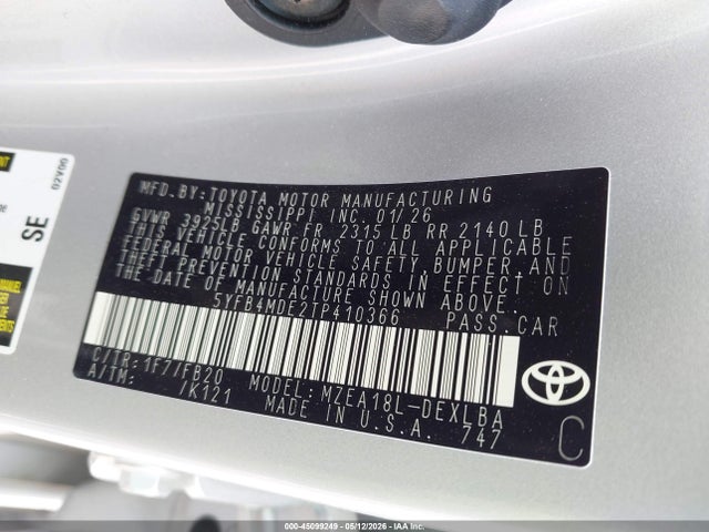 2026 Toyota Corolla Le მანქანა იყიდება აუქციონზე, vin: 5YFB4MDE2TP410366, აუქციონის ნომერი: 45099249