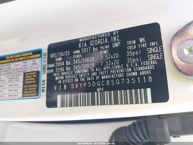 2025 Kia Telluride Sx X-line მანქანა იყიდება აუქციონზე, vin: 5XYP5DGC8SG735118, აუქციონის ნომერი: 45099253
