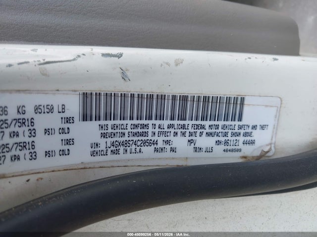 2004 Jeep Grand Cherokee Laredo მანქანა იყიდება აუქციონზე, vin: 1J4GX48S74C205644, აუქციონის ნომერი: 45099256