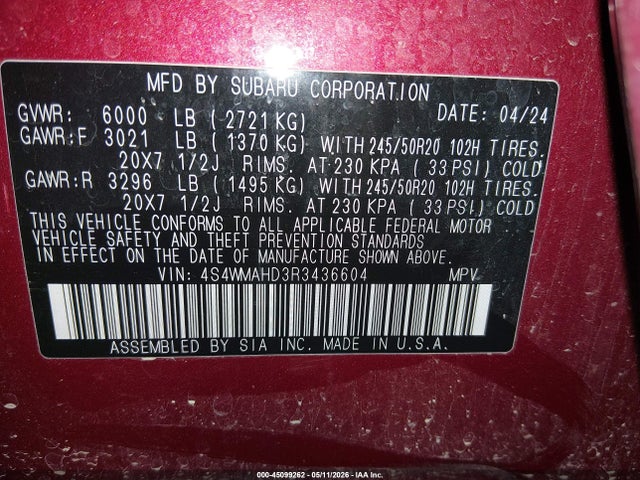 4S4WMAHD3R3436604 Subaru Ascent Onyx Edition 7-passenger