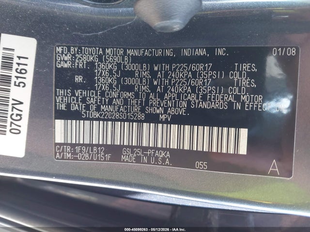 45099263 :رقم المزاد ، 5TDBK22C28S015288 vin ، 2008 Toyota Sienna Xle مزاد بيع