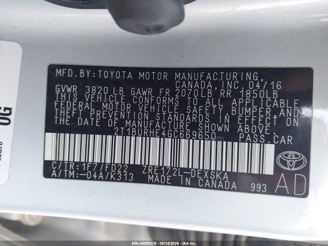 45099279 :رقم المزاد ، 2T1BURHE4GC669650 vin ، 2016 Toyota Corolla S مزاد بيع