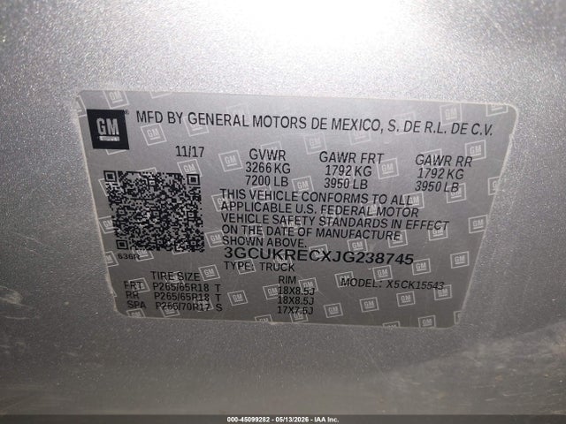 45099282 :رقم المزاد ، 3GCUKRECXJG238745 vin ، 2018 Chevrolet Silverado 1500 1lt مزاد بيع