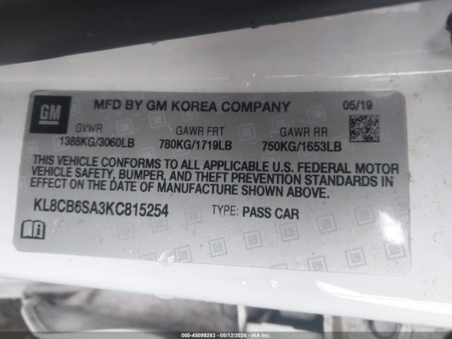 2019 Chevrolet Spark Ls Cvt მანქანა იყიდება აუქციონზე, vin: KL8CB6SA3KC815254, აუქციონის ნომერი: 45099283