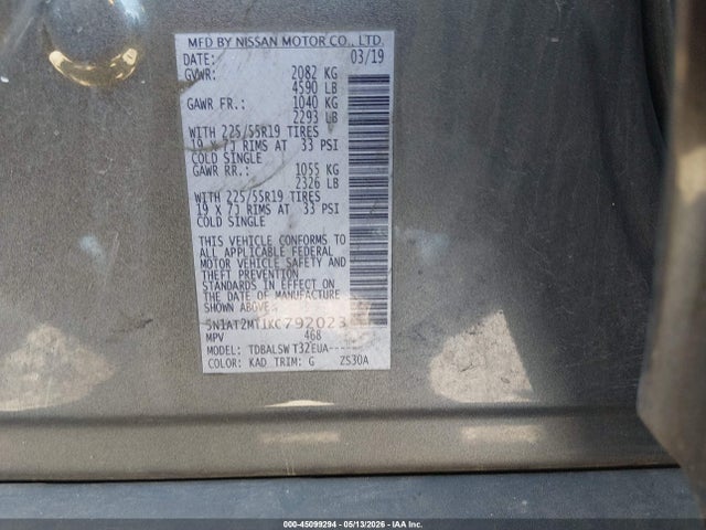 45099294 :رقم المزاد ، 5N1AT2MT1KC792023 vin ، 2019 Nissan Rogue Sl مزاد بيع