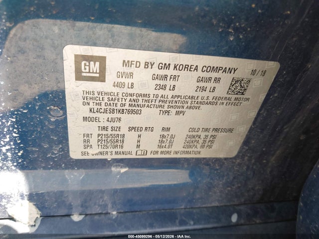 2019 Buick Encore Awd Preferred მანქანა იყიდება აუქციონზე, vin: KL4CJESB1KB769503, აუქციონის ნომერი: 45099296