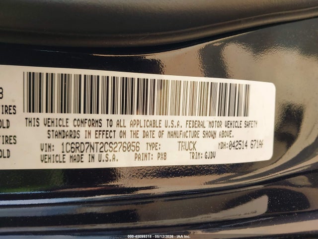 45099318 :رقم المزاد ، 1C6RD7NT2CS276056 vin ، 2012 Ram 1500 Laramie مزاد بيع