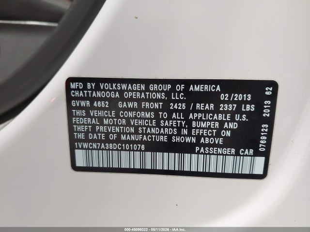 45099322 :رقم المزاد ، 1VWCN7A38DC101076 vin ، 2013 Volkswagen Passat 2.0l Tdi Sel Premium مزاد بيع
