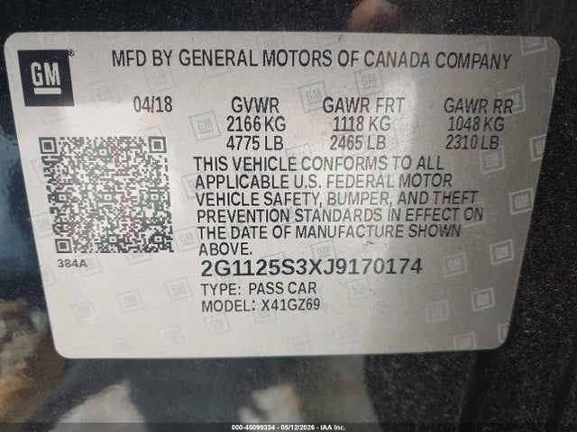 45099334 :رقم المزاد ، 2G1125S3XJ9170174 vin ، 2018 Chevrolet Impala 2lz مزاد بيع