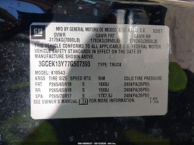 Aukcja sprzedaży 2007 Chevrolet Silverado 1500 Ltz, vin: 3GCEK13Y77G507393, numer aukcji: 45099337