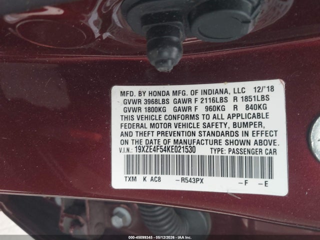 Продажа на аукционе авто 2019 Honda Insight Ex, vin: 19XZE4F54KE021530, номер лота: 45099345