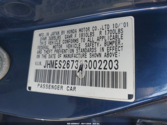 45099347 :رقم المزاد ، JHMES26732S002203 vin ، 2002 Honda Civic Ex مزاد بيع