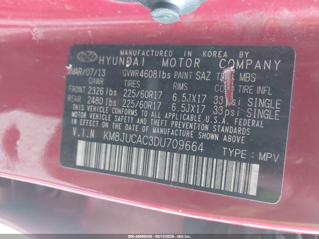 Продаж на аукціоні авто 2013 Hyundai Tucson Gls, vin: KM8JUCAC3DU709664, номер лоту: 45099348