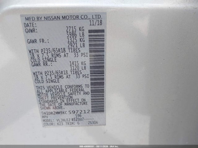 Aukcja sprzedaży 2019 Nissan Pathfinder Sv, vin: 5N1DR2MM9KC597212, numer aukcji: 45099351