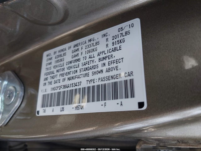Продажа на аукционе авто 2010 Honda Accord 2.4 Lx, vin: 1HGCP2F38AA153437, номер лота: 45099352