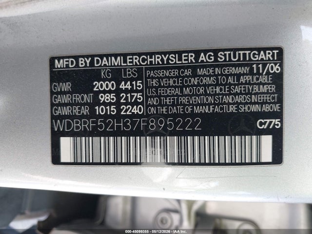 2007 Mercedes-benz C 230 Sport მანქანა იყიდება აუქციონზე, vin: WDBRF52H37F895222, აუქციონის ნომერი: 45099355