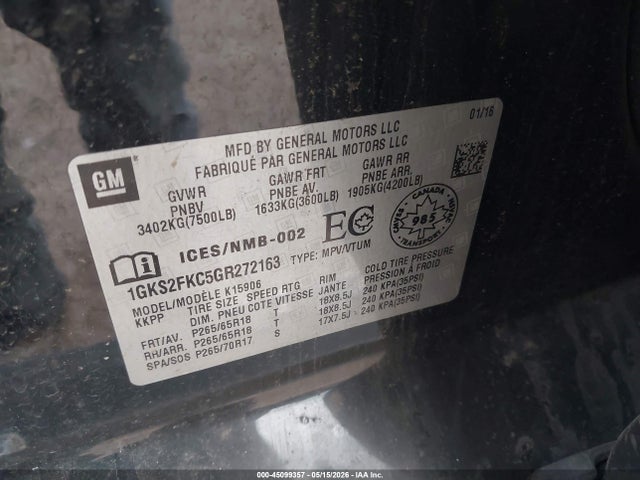 45099357 :رقم المزاد ، 1GKS2FKC5GR272163 vin ، 2016 Gmc Yukon Xl Sle مزاد بيع