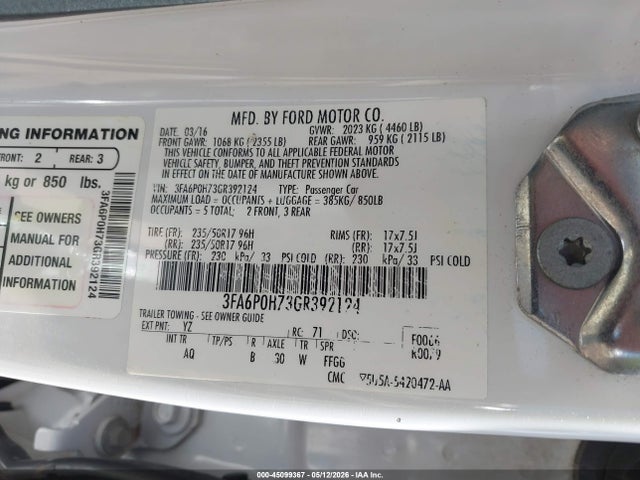 Ford FUSION SE 2016 3FA6P0H73GR392124 Image 9