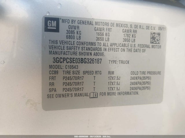 2011 Chevrolet Silverado 1500 Lt მანქანა იყიდება აუქციონზე, vin: 3GCPCSE03BG326187, აუქციონის ნომერი: 45099369