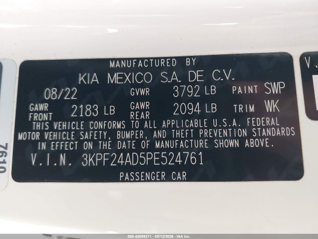 Aukcja sprzedaży 2023 Kia Forte Lxs, vin: 3KPF24AD5PE524761, numer aukcji: 45099371
