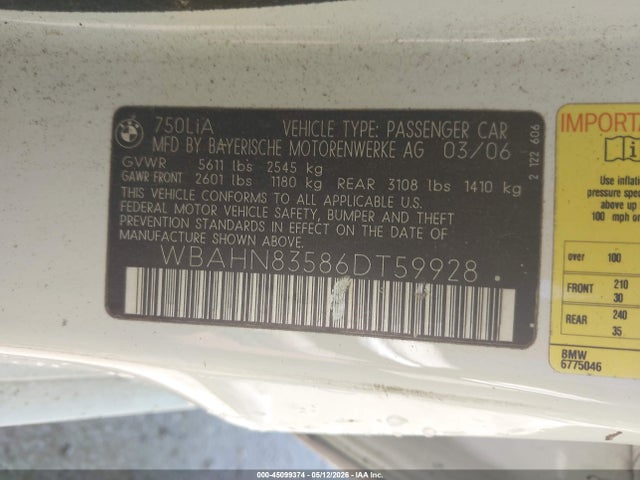 45099374 :رقم المزاد ، WBAHN83586DT59928 vin ، 2006 Bmw 750li مزاد بيع