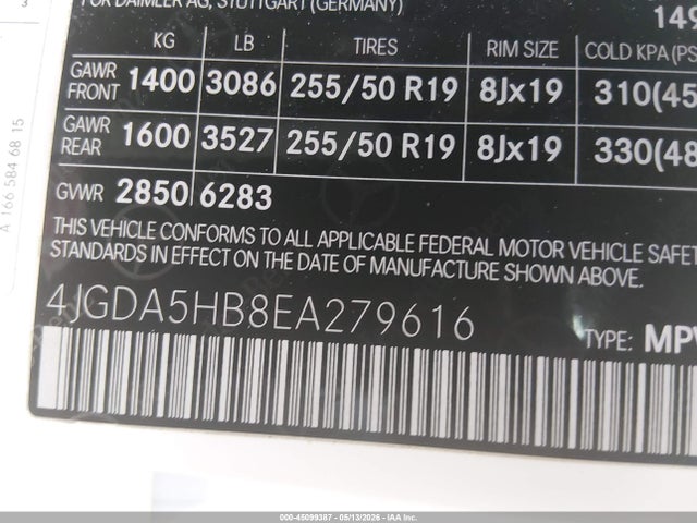 Aukcja sprzedaży 2014 Mercedes-benz Ml 350 4matic, vin: 4JGDA5HB8EA279616, numer aukcji: 45099387
