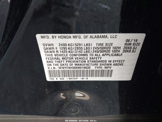 Aukcja sprzedaży 2019 Honda Passport Ex-l, vin: 5FNYF8H58KB019030, numer aukcji: 45099398