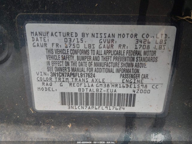 Продаж на аукціоні авто 2015 Nissan Versa 1.6 Sv, vin: 3N1CN7AP6FL917624, номер лоту: 45099406