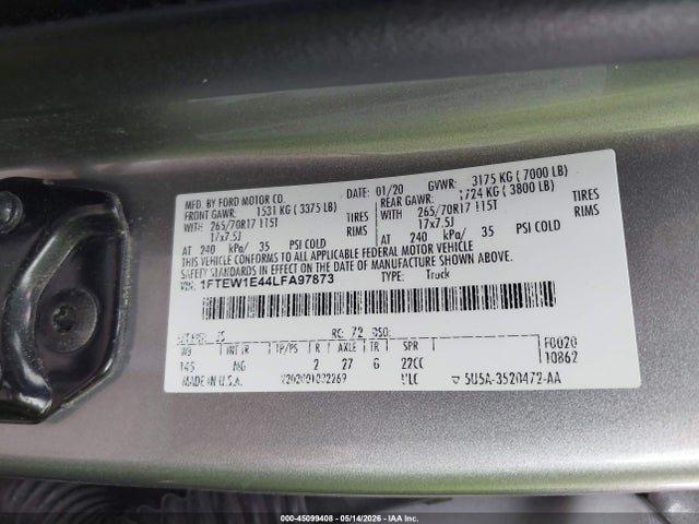 Продаж на аукціоні авто 2020 Ford F-150 Xlt, vin: 1FTEW1E44LFA97873, номер лоту: 45099408