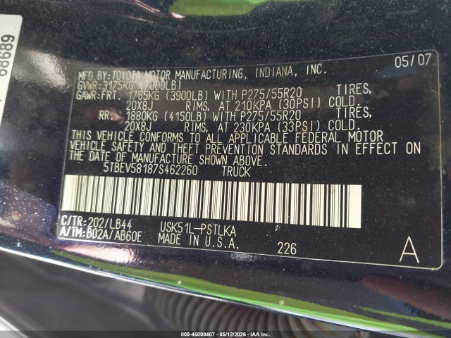 Продаж на аукціоні авто 2007 Toyota Tundra Limited 5.7l V8, vin: 5TBEV58187S462260, номер лоту: 45099407