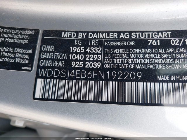 2015 Mercedes-benz Cla 250 მანქანა იყიდება აუქციონზე, vin: WDDSJ4EB6FN192209, აუქციონის ნომერი: 45099409